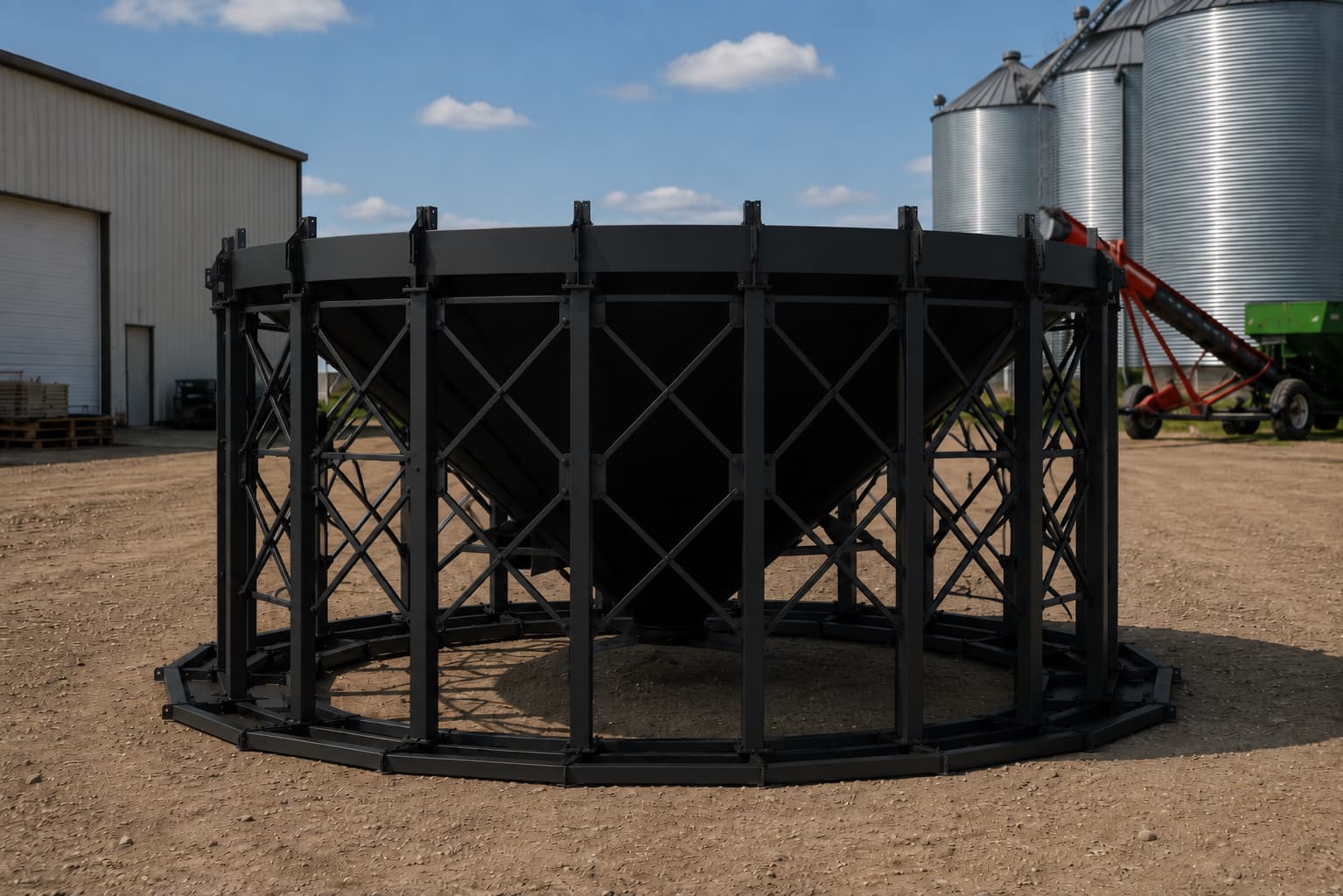 Full-size Prairie Trinity Steelworks hopper cone on a prairie farm